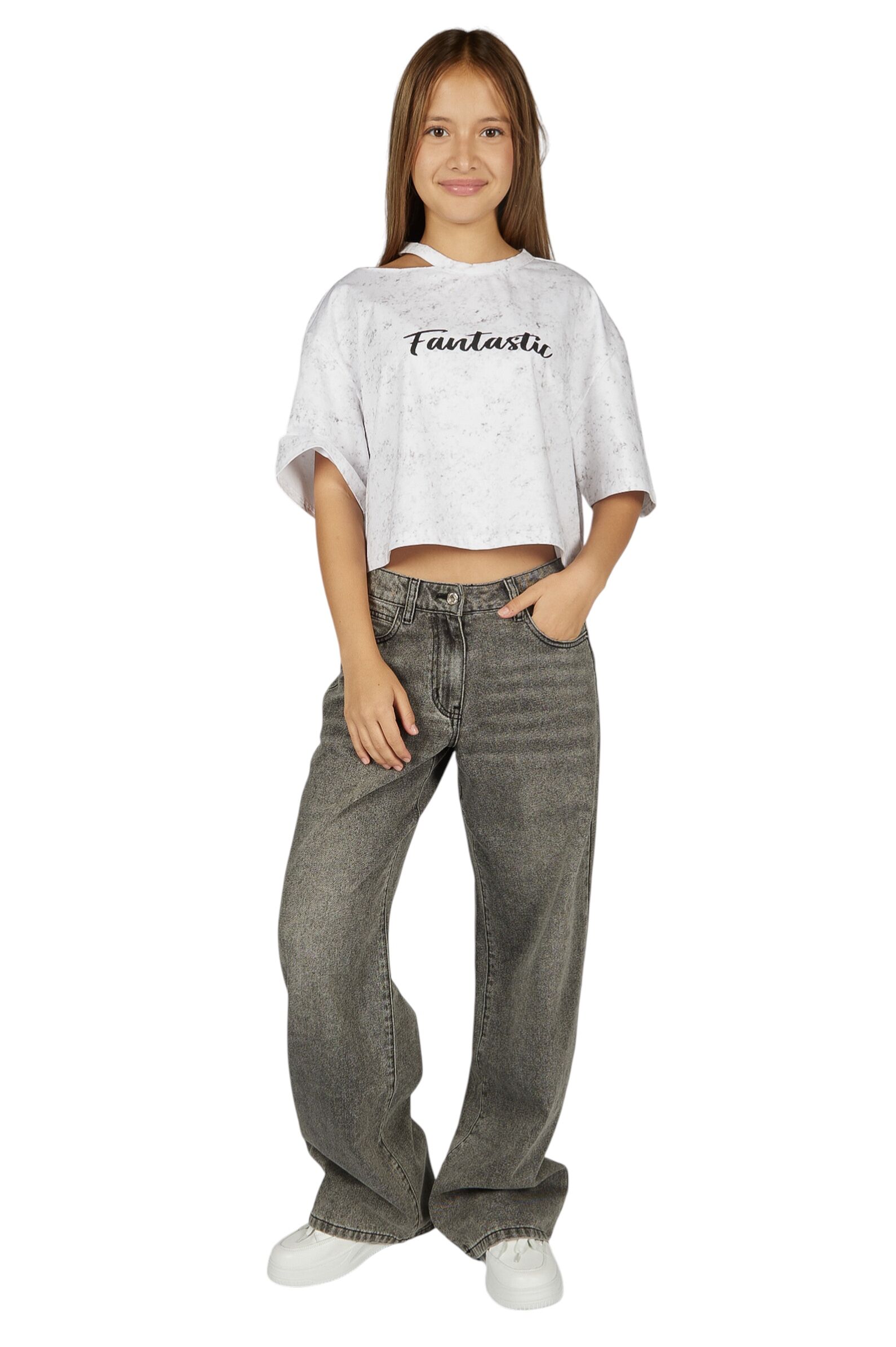 Футболка дев. АРТ.G-TS26006,бел-сер,хл-эл